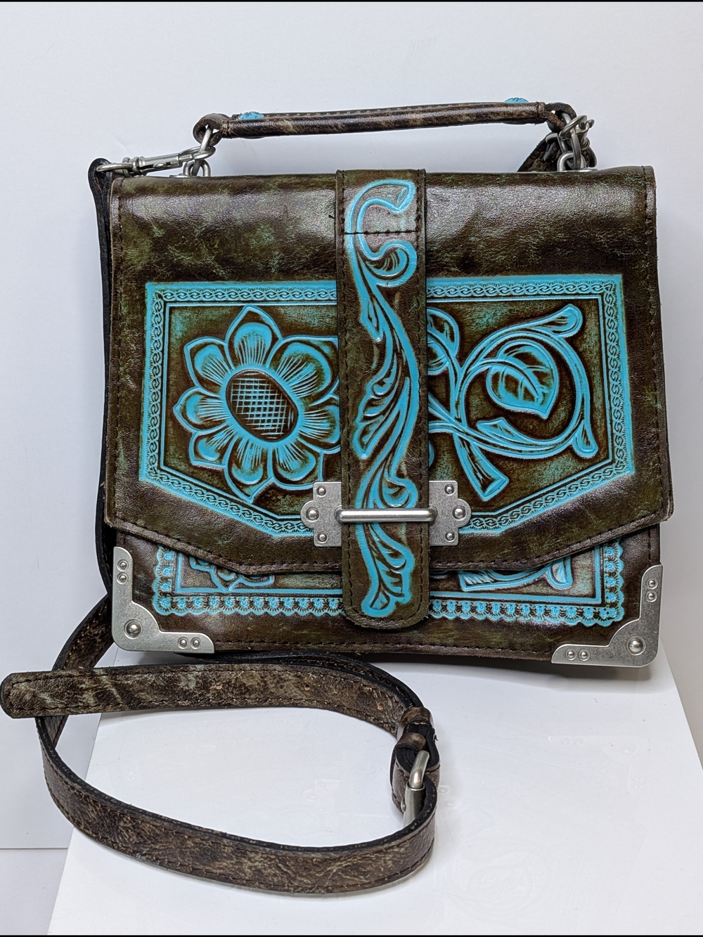 Patricia Nash Stella Turquoise Tooled Leather Floral Aztec Crossbody Bag Satchel